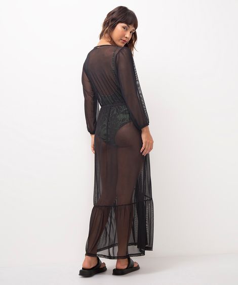 kaftan de tule longo preto