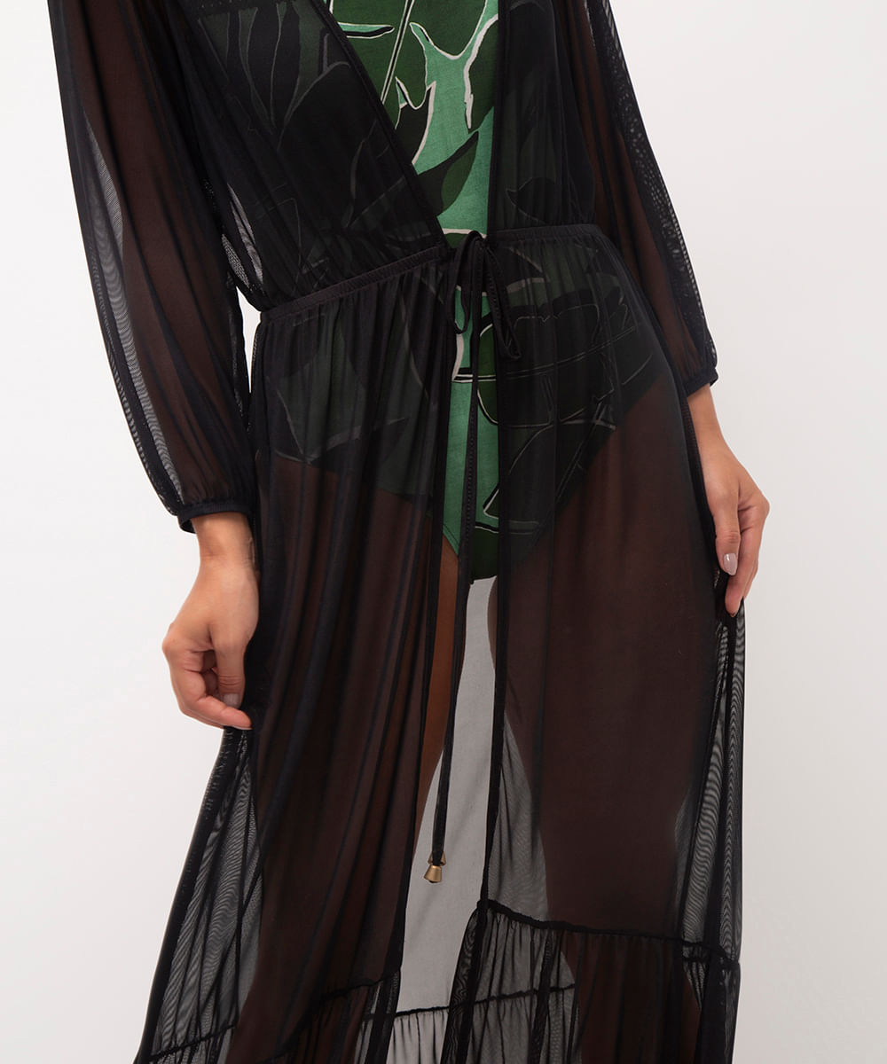 kaftan de tule longo preto