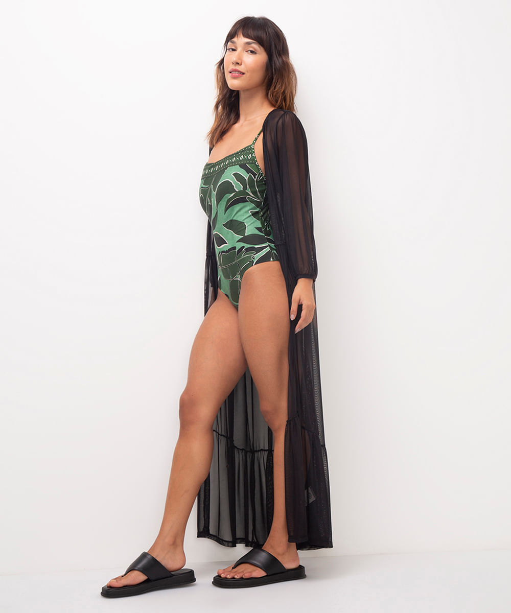 kaftan de tule longo preto