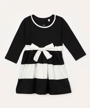 vestido infantil manga longa com cinto laço preto