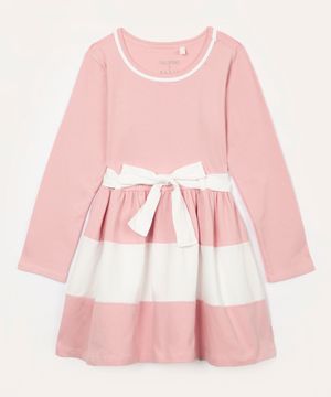 vestido infantil manga longa com cinto laço rosa