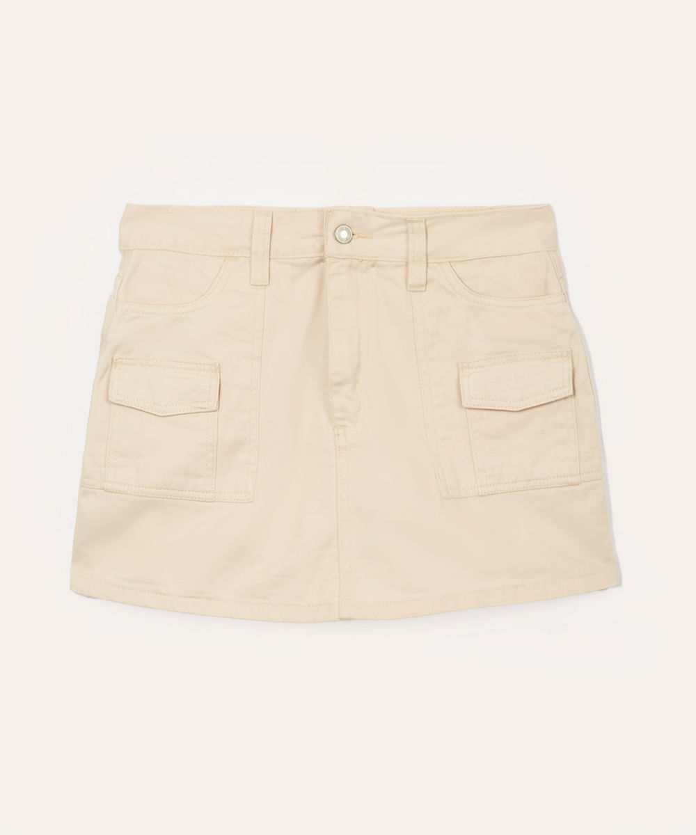 short saia juvenil de sarja cargo bege