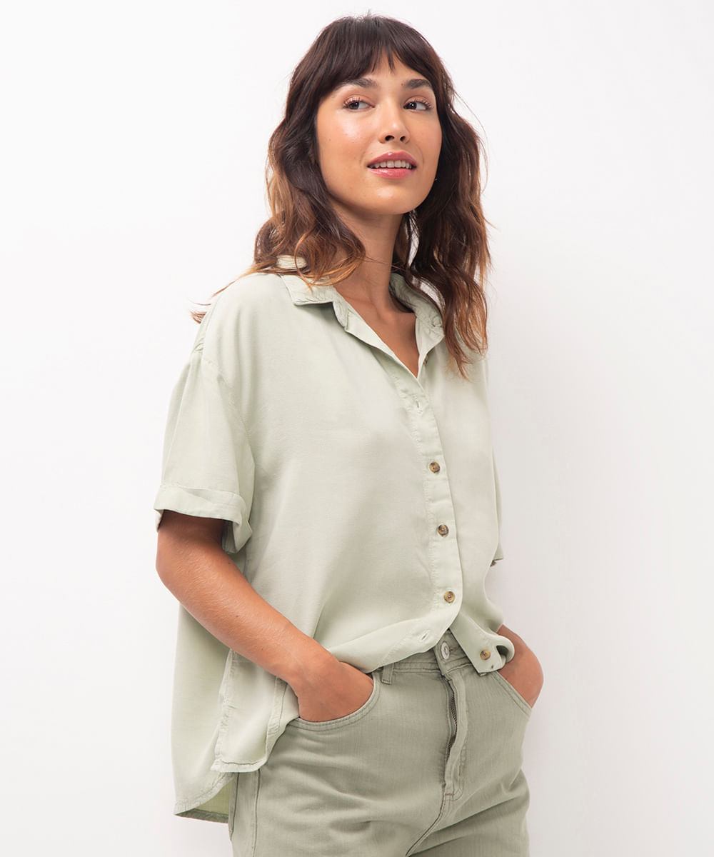 camisa sarjada manga curta verde claro