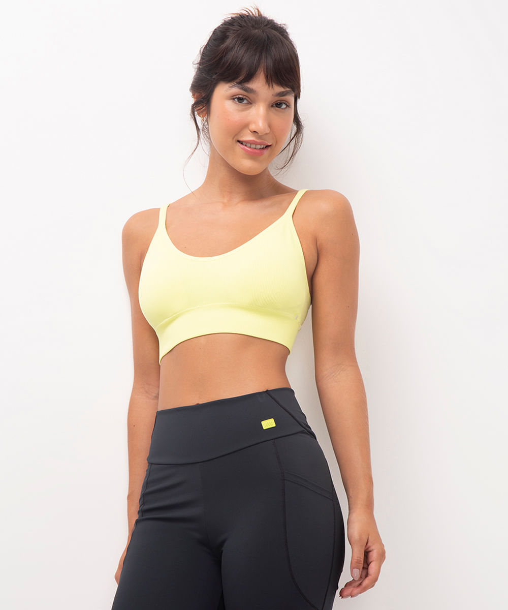 top canelado com bojo removível alça fina amarelo neon