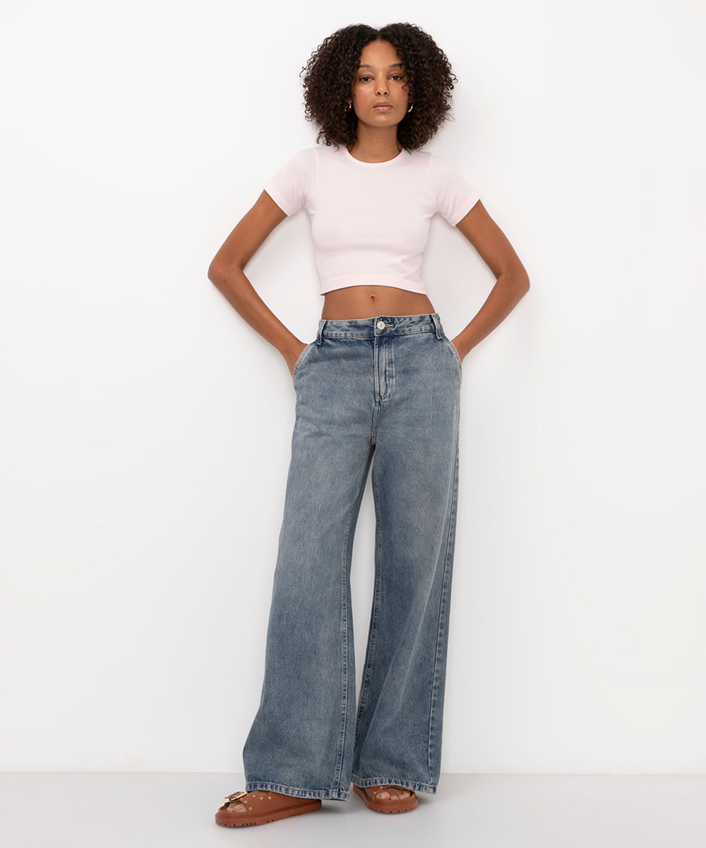 cropped de poliamida básico manga curta rosa