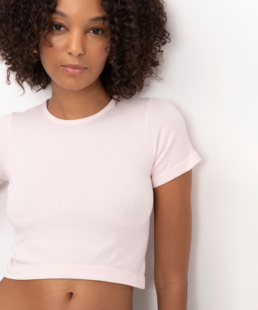 cropped de poliamida básico manga curta rosa