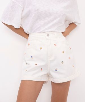 short de sarja mom alta bordado off white