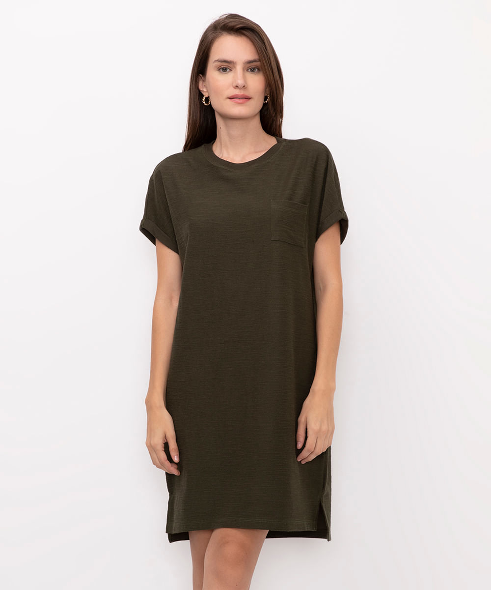 vestido curto básico flamê manga curta - verde militar