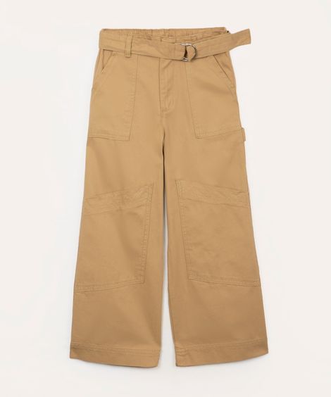 calça infantil de sarja cargo com cinto bege