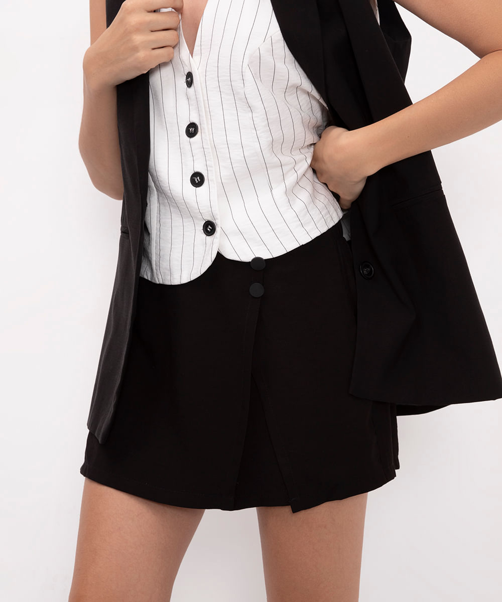 short saia cintura alta botões preto