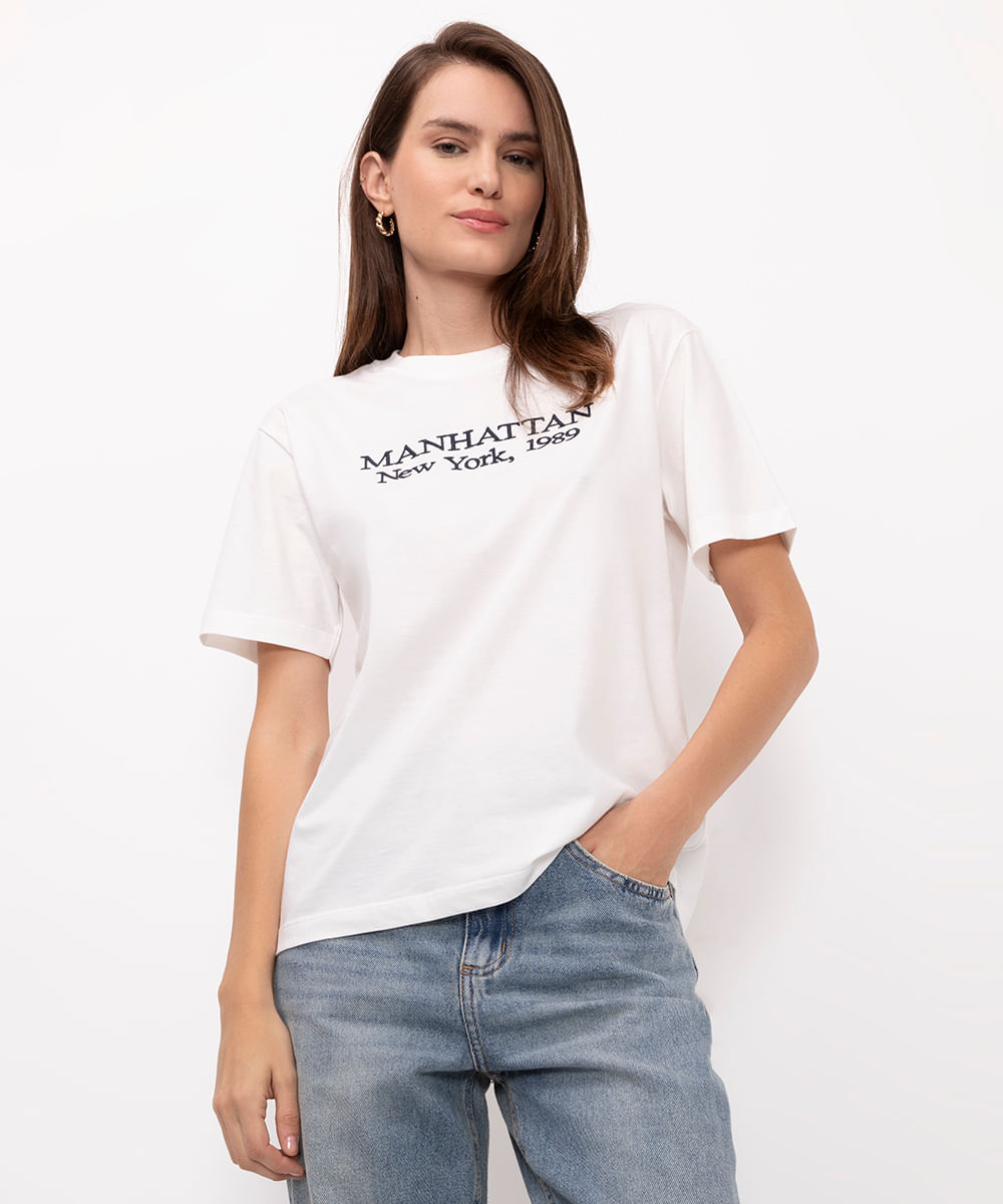 camiseta de algodão bordada manhattan off white