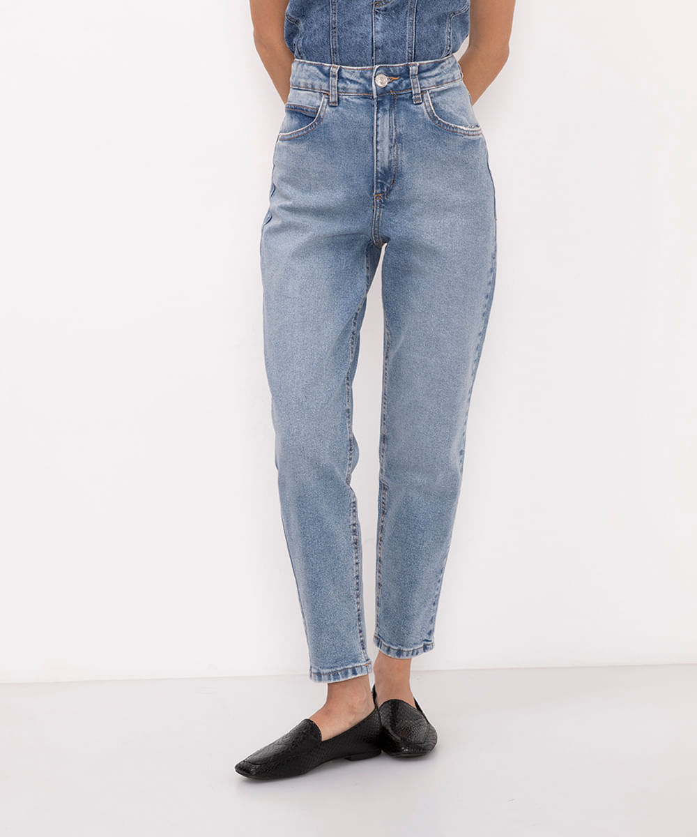 calça jeans mom fit cintura super alta azul