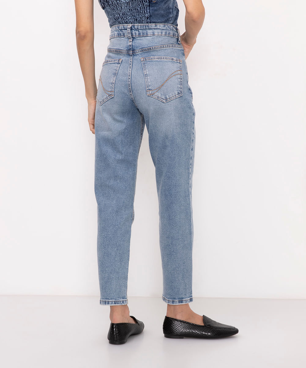 calça jeans mom fit cintura super alta azul