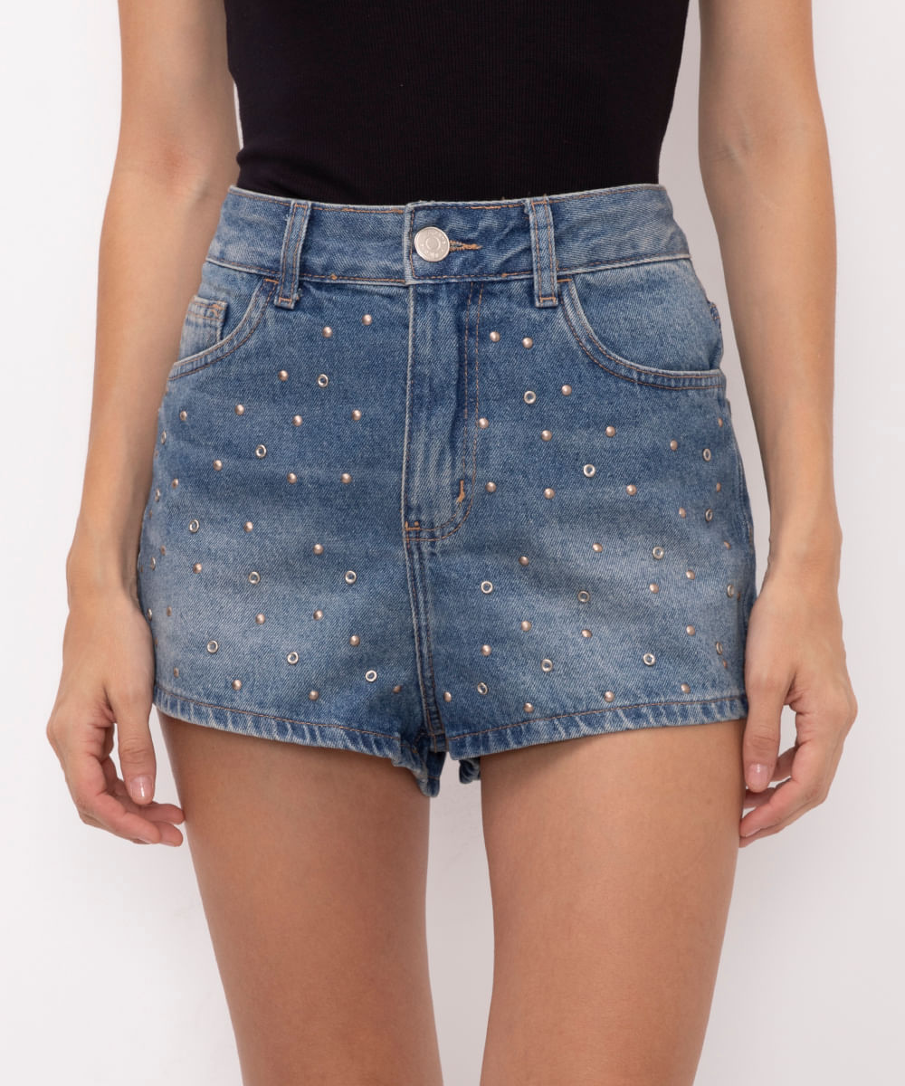 short jeans cintura super alta com aplicações azul
