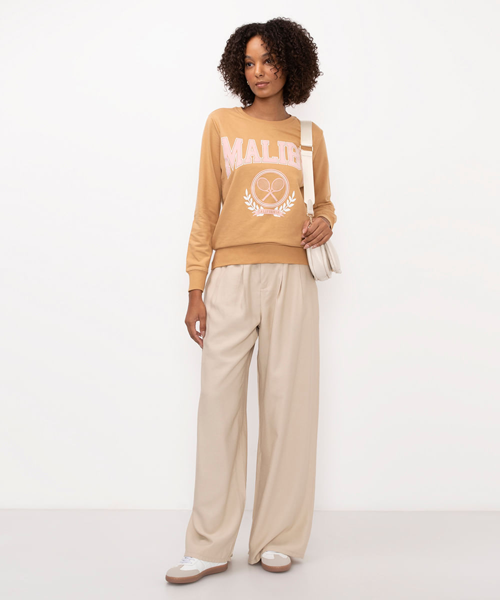 blusão cropped de moletom malibu bege
