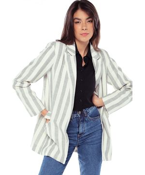 Blazer de Linho Feminino Listrado Longo Sob Cinza