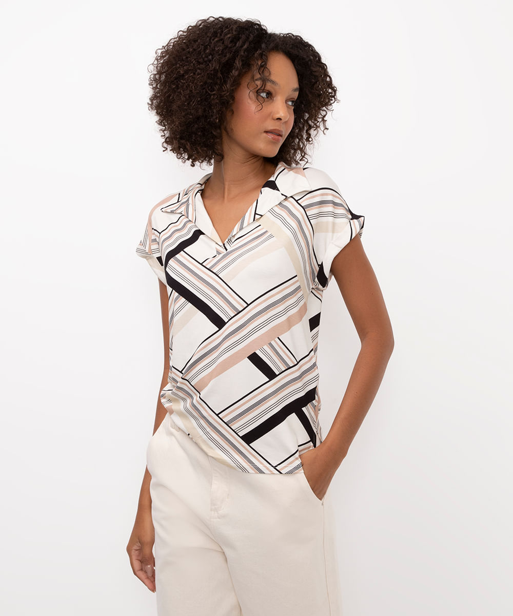 camisa de viscose manga curta listras off white