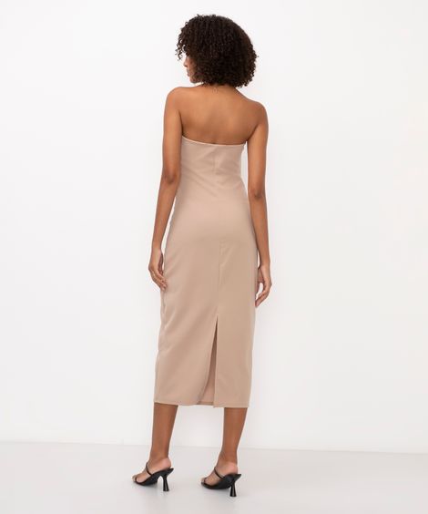vestido midi decote reto sem alça bege
