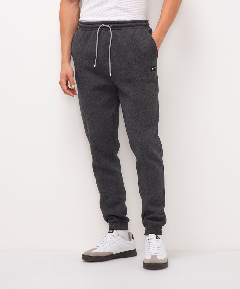 calça jogger de moletom cinza escuro