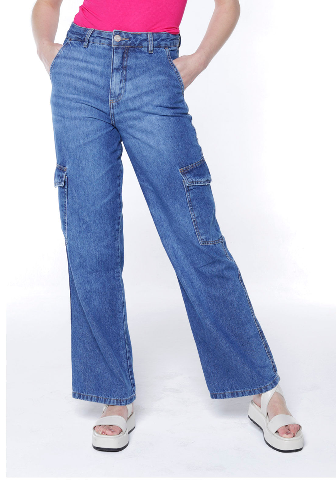 calça jeans cargo feminina sob azul - C&A