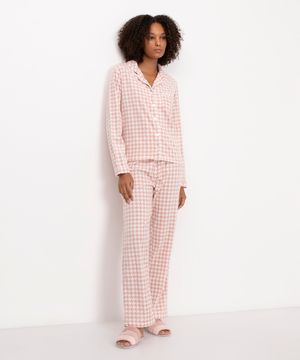 pijama americano longo pied de poule rosa