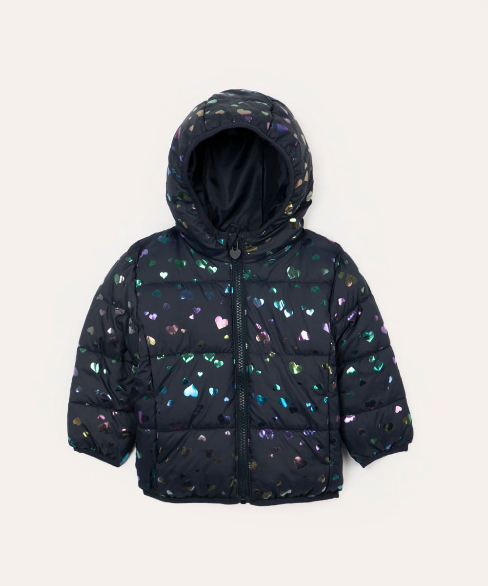 jaqueta puffer infantil corações azul marinho