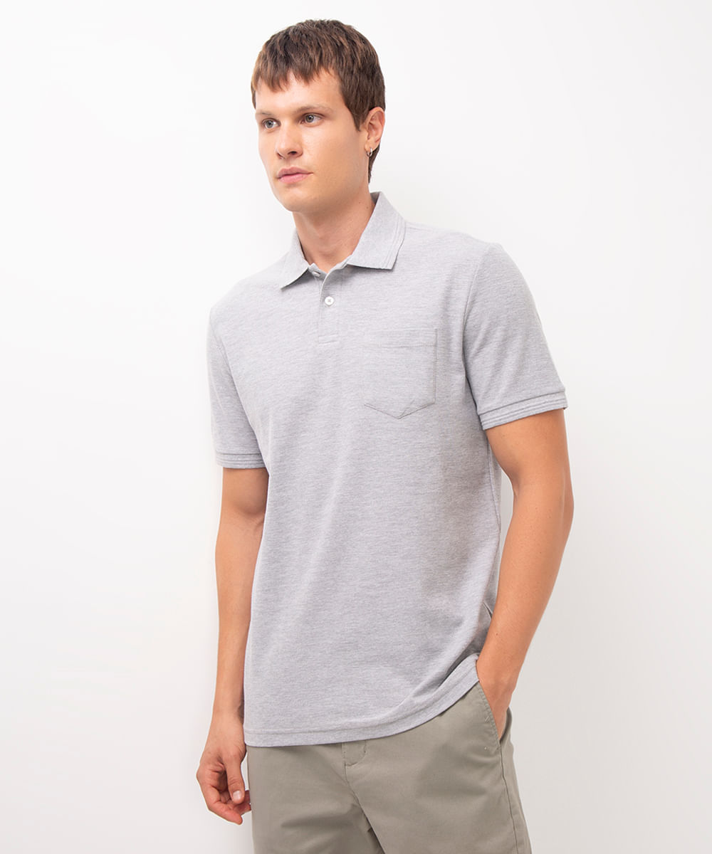 polo de algodão com bolso cinza