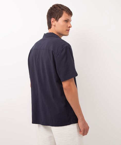 camisa de algodão manga curta texturizada azul