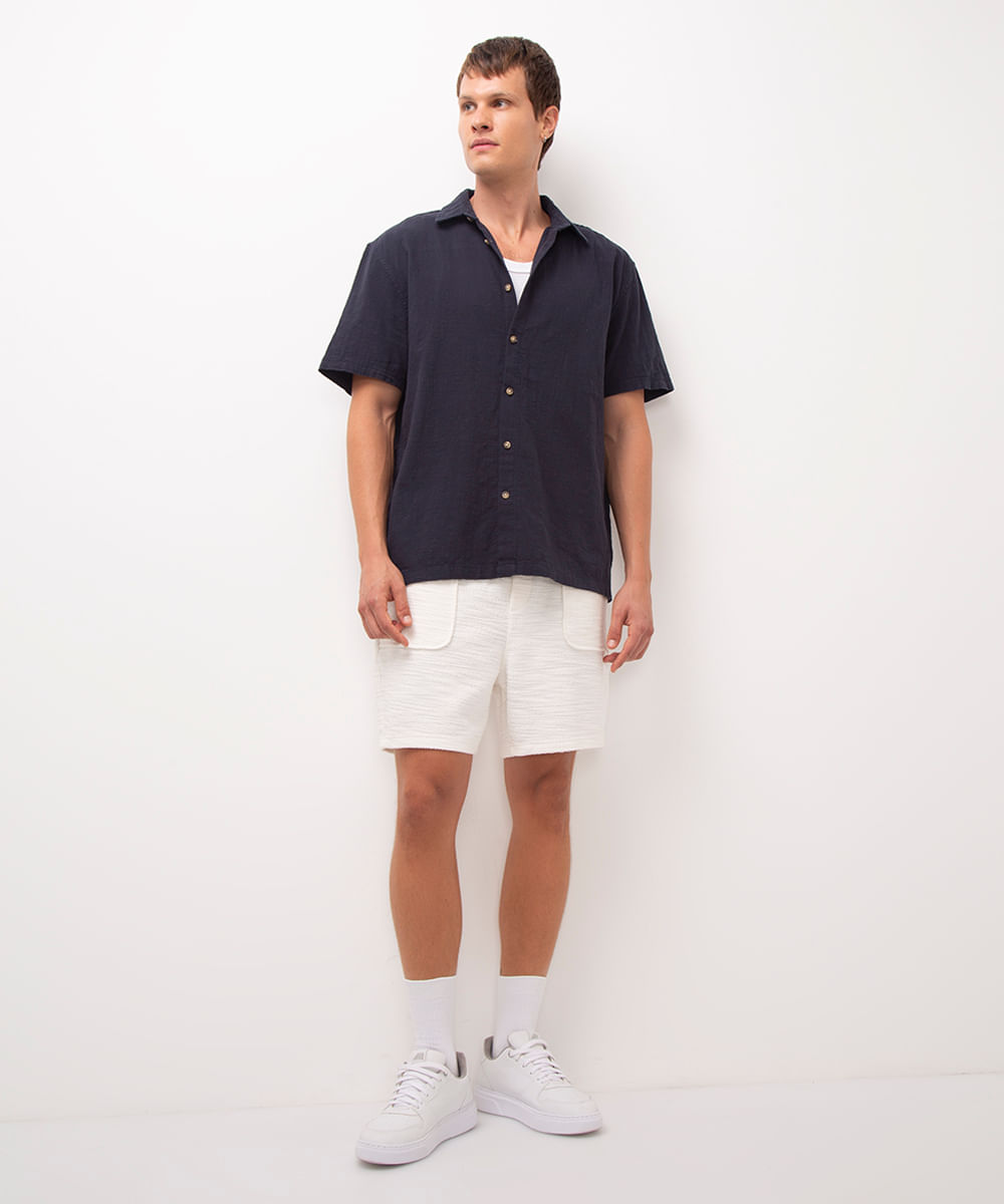 camisa de algodão manga curta texturizada azul