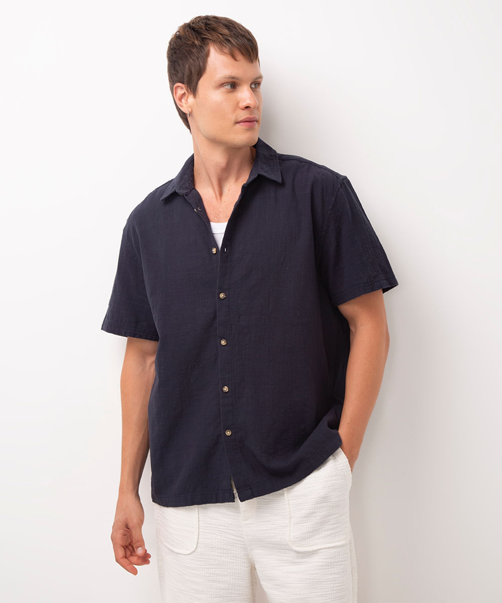 camisa de algodão manga curta texturizada azul