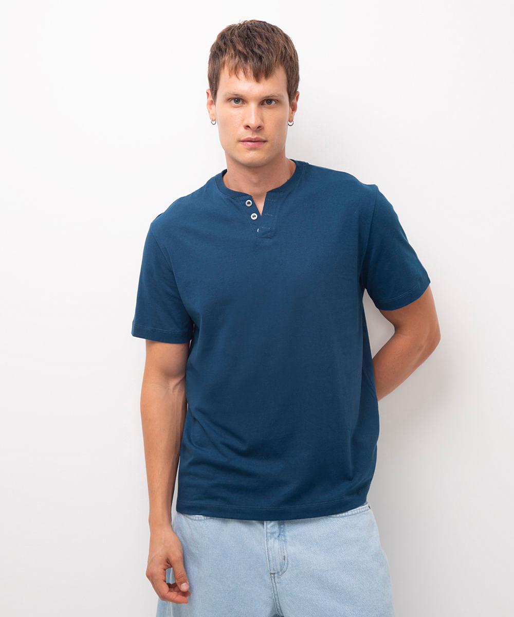 camiseta masculina básica manga curta gola portuguesa azul