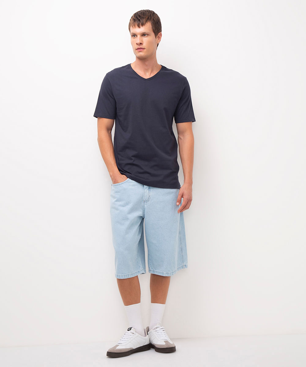 camiseta masculina básica manga curta gola v azul