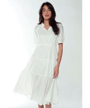 Vestido Branco Midi de Laise de Algodão com Mangas Sob