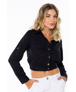 Jaqueta Cropped Leve Estilo Camisa Feminina Sob Preta