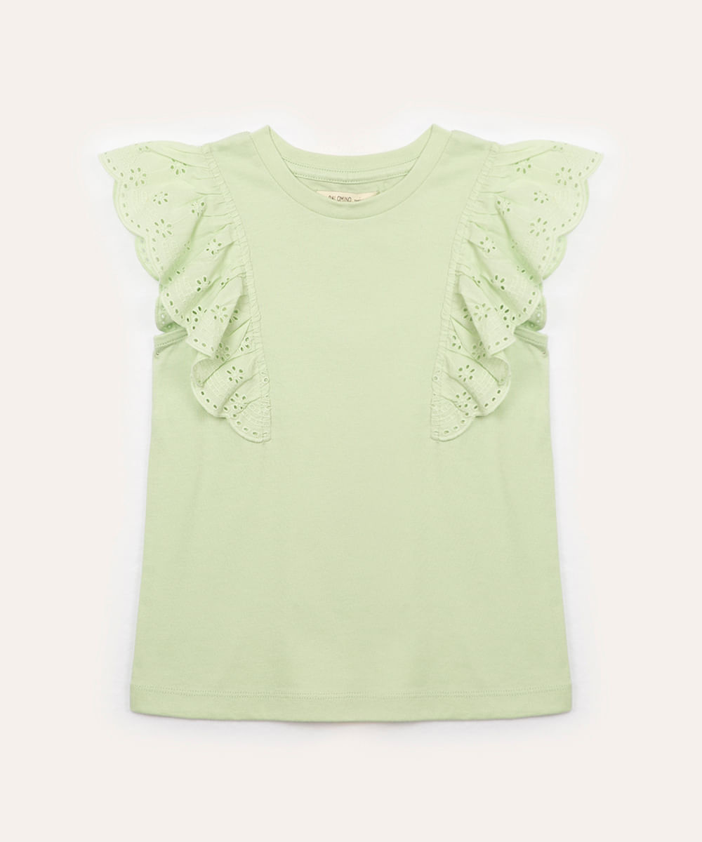 blusa de algodão infantil babado de laise verde