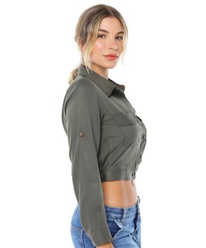 Jaqueta Cropped Leve Estilo Camisa Feminina Sob Verde Militar