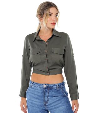 Jaqueta Cropped Leve Estilo Camisa Feminina Sob Verde Militar