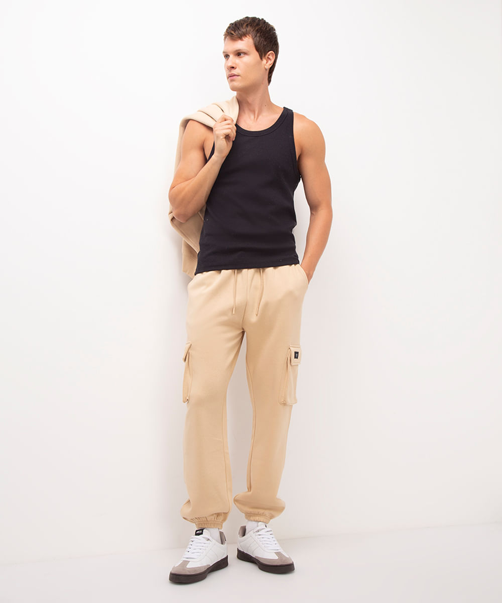 calça de moletom cargo - bege