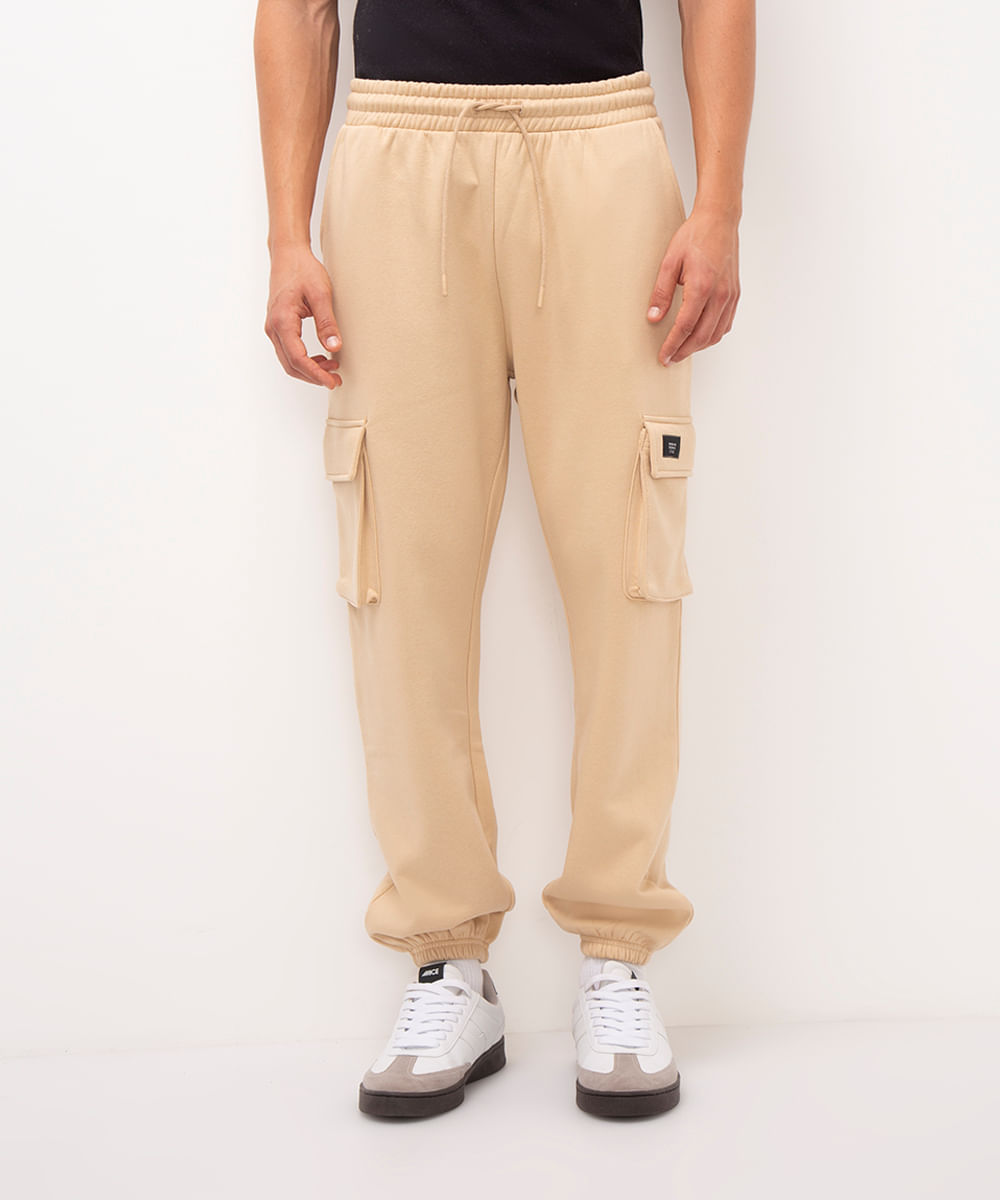 calça de moletom cargo - bege