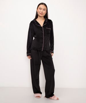 pijama americano longo de plush - preto