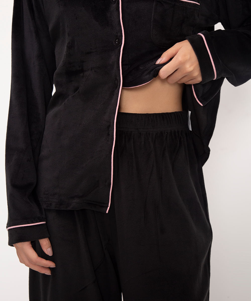 pijama americano longo de plush preto