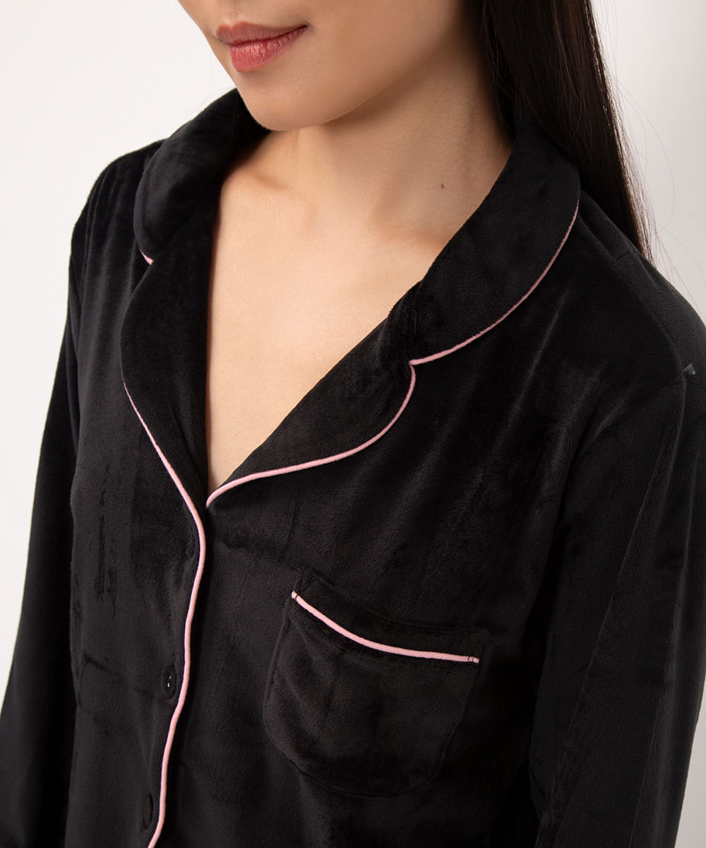 pijama americano longo de plush preto