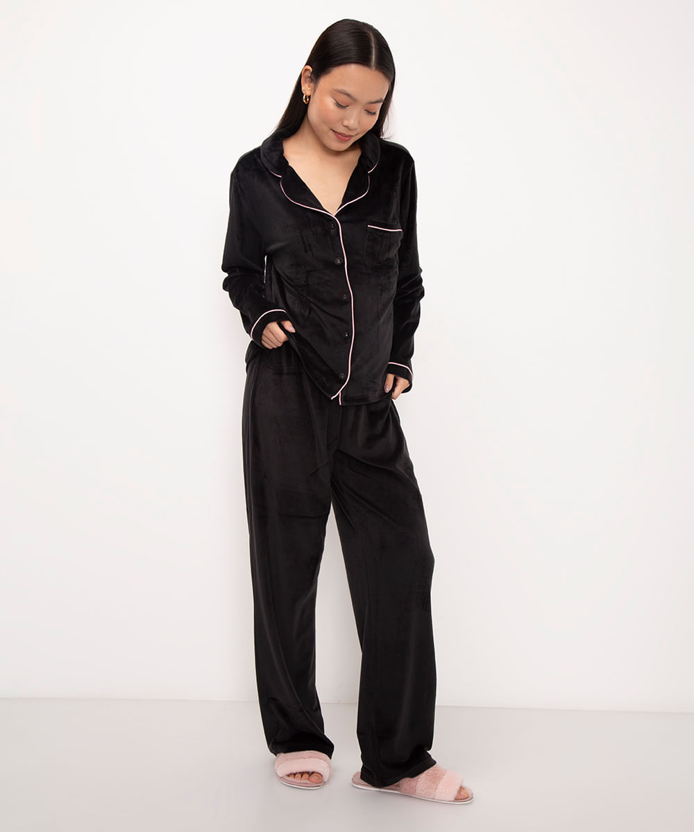 pijama americano longo de plush preto