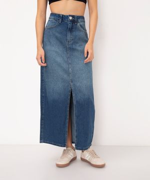 saia jeans midi cintura super alta azul
