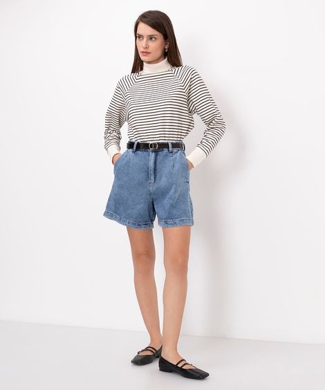 bermuda jeans cintura super alta com pregas azul