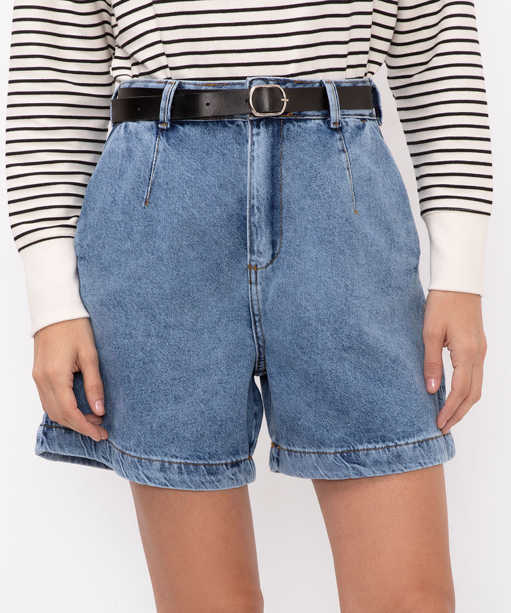 bermuda jeans cintura super alta com pregas azul