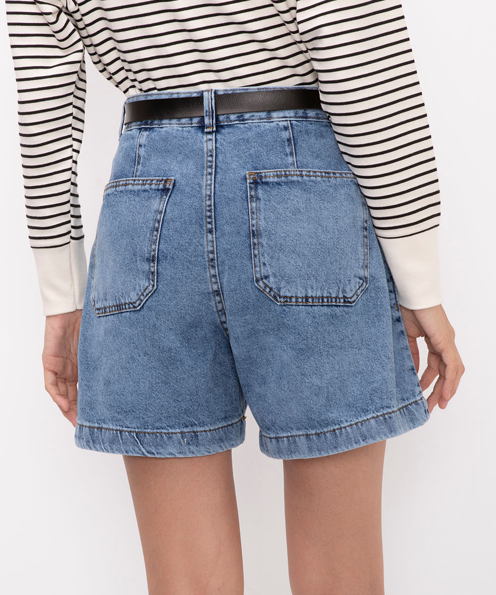 bermuda jeans cintura super alta com pregas azul