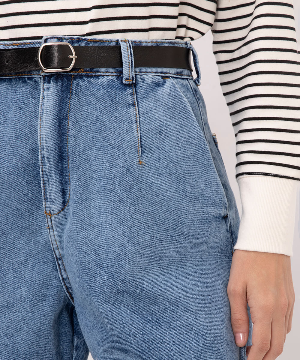 bermuda jeans cintura super alta com pregas azul