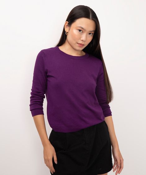 suéter de tricot manga longa básico roxo