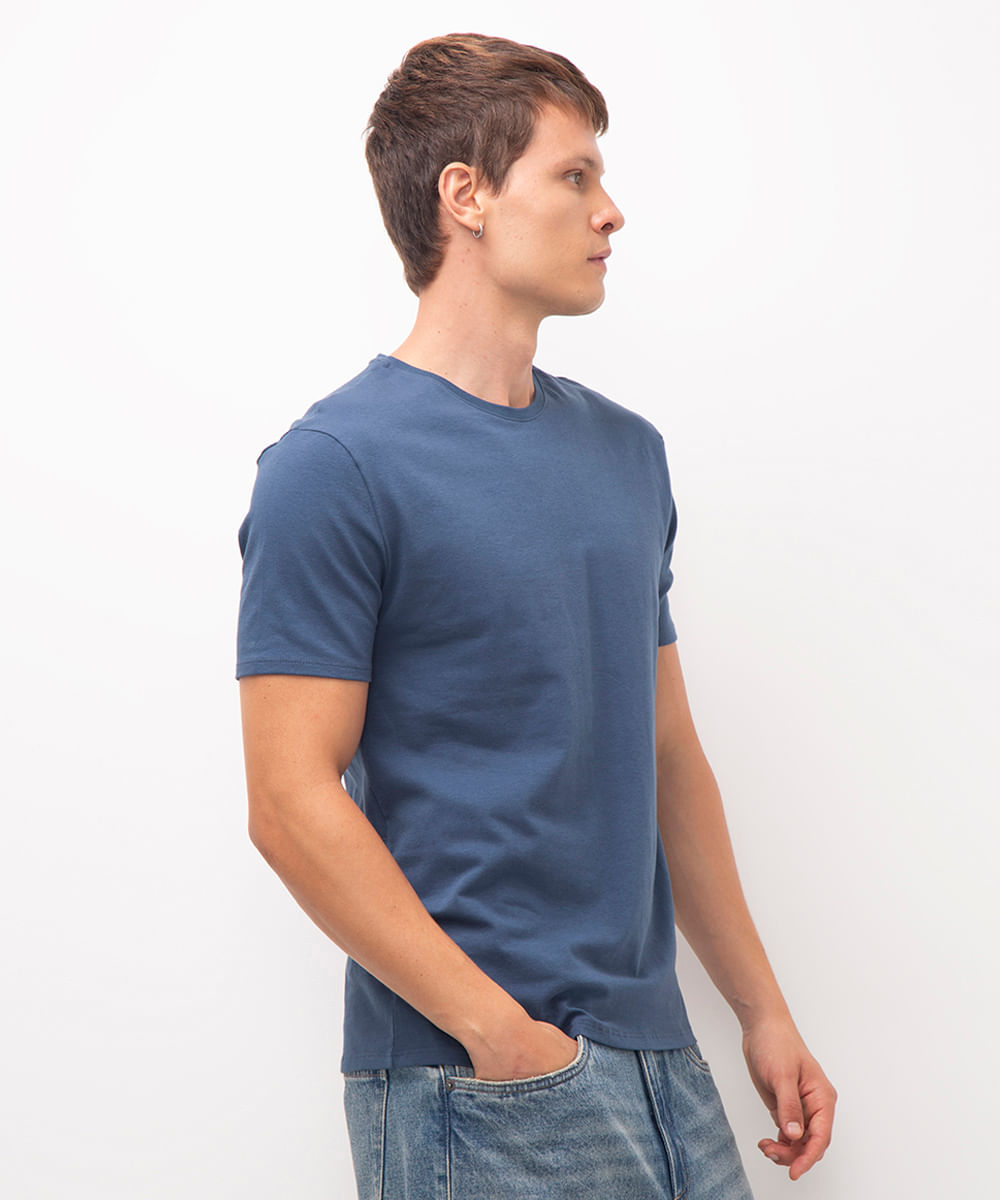 camiseta slim básica manga curta - azul médio